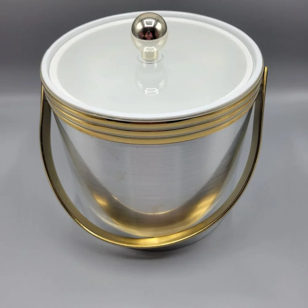 Vintage Mid Century Modern MCM Silver Gold Ice Bucket Clear Lid & Metal Handle